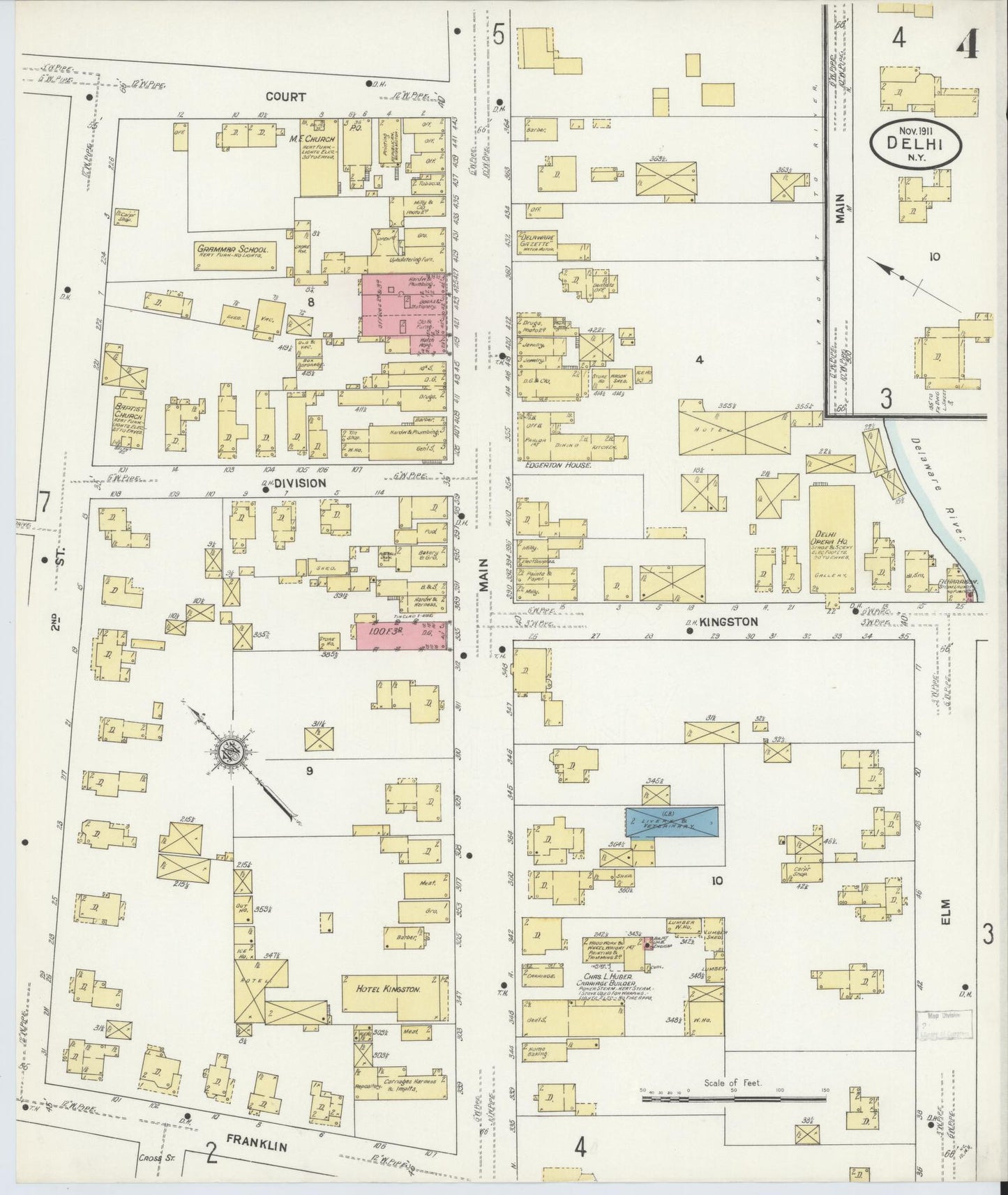 Sanborn Fire Insurance Map from Delhi, Delaware County, New York (1911), Sheet #0004 - Historic Sanborn Fire Insurance Map Print, vintage old map wall art, antique decor, genealogy gift, Delhi Delaware map