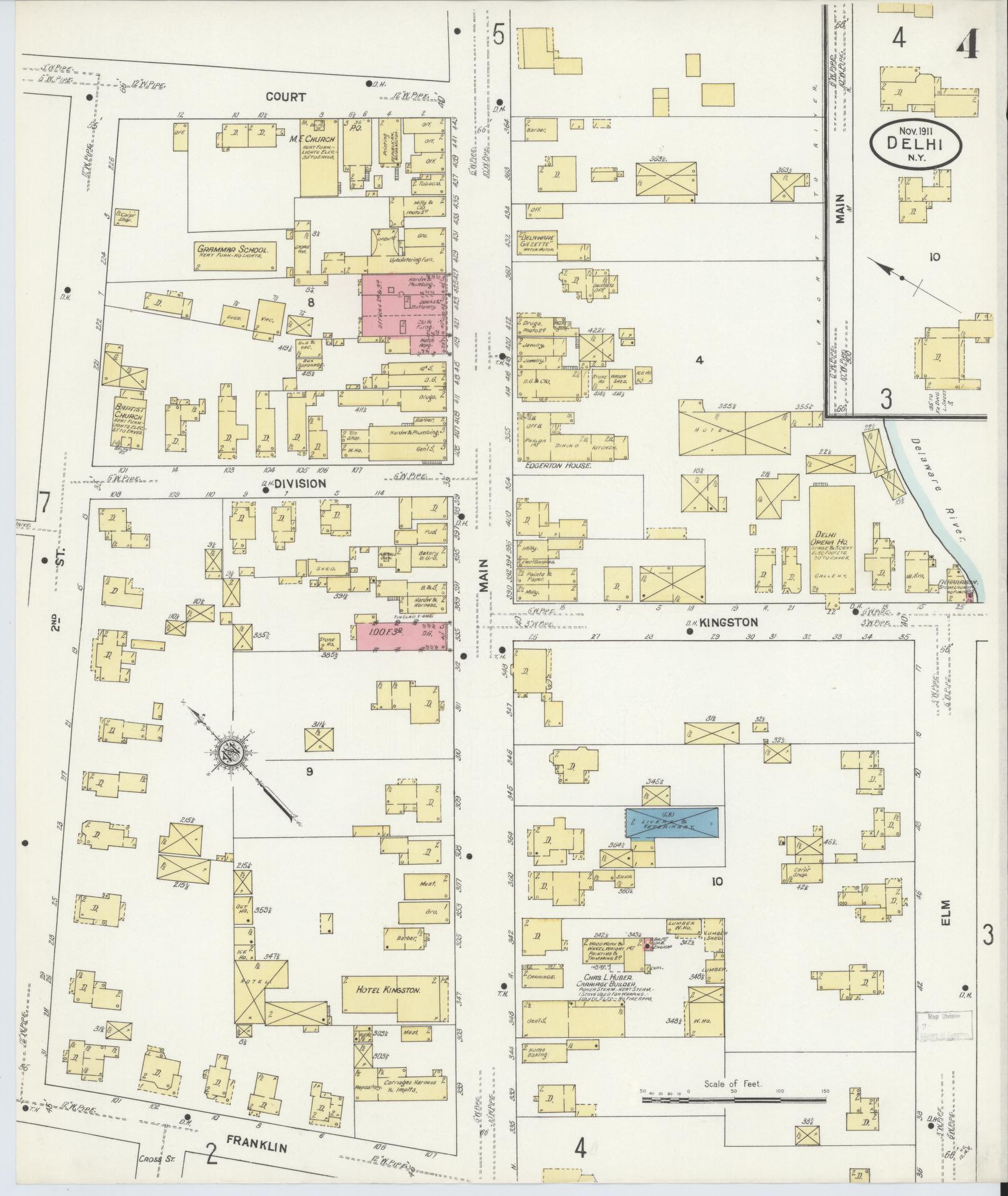 Sanborn Fire Insurance Map from Delhi, Delaware County, New York (1911), Sheet #0004 - Historic Sanborn Fire Insurance Map Print, vintage old map wall art, antique decor, genealogy gift, Delhi Delaware map
