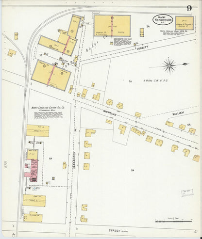 Sanborn Fire Insurance Map from Henderson, Vance County, North Carolina (1907), Sheet #0009 - Complete Map Set gallery image, historic Sanborn map, vintage wall art, North Carolina North Carolina