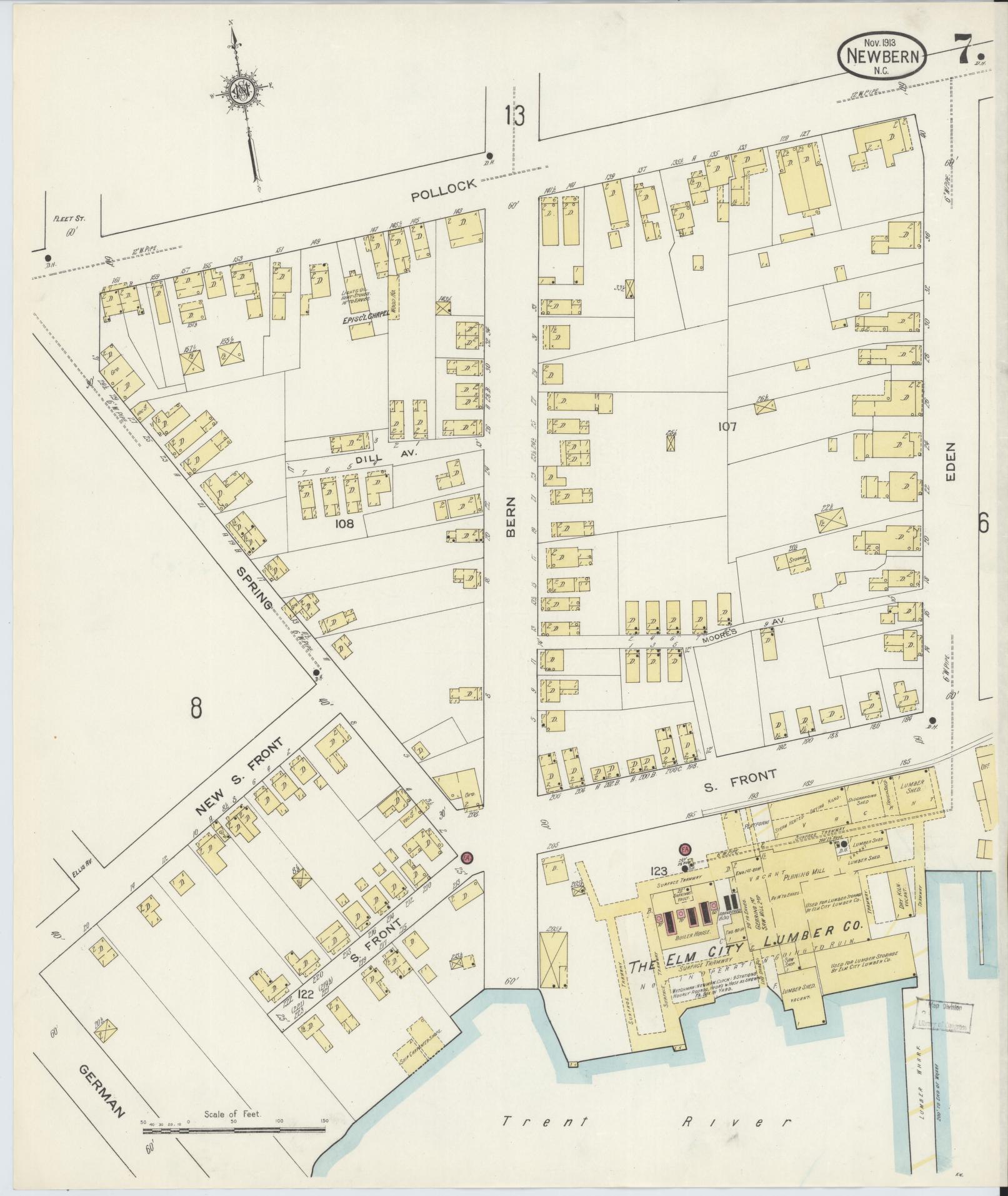 Sanborn Fire Insurance Map from New Bern, Craven County, North Carolina (1913), Sheet #0007 - Historic Sanborn Fire Insurance Map Print, vintage old map wall art, antique decor, genealogy gift, North Carolina North Carolina map