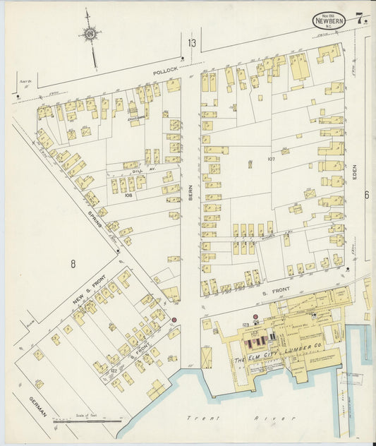 Sanborn Fire Insurance Map from New Bern, Craven County, North Carolina (1913), Sheet #0007 - Historic Sanborn Fire Insurance Map Print, vintage old map wall art, antique decor, genealogy gift, North Carolina North Carolina map