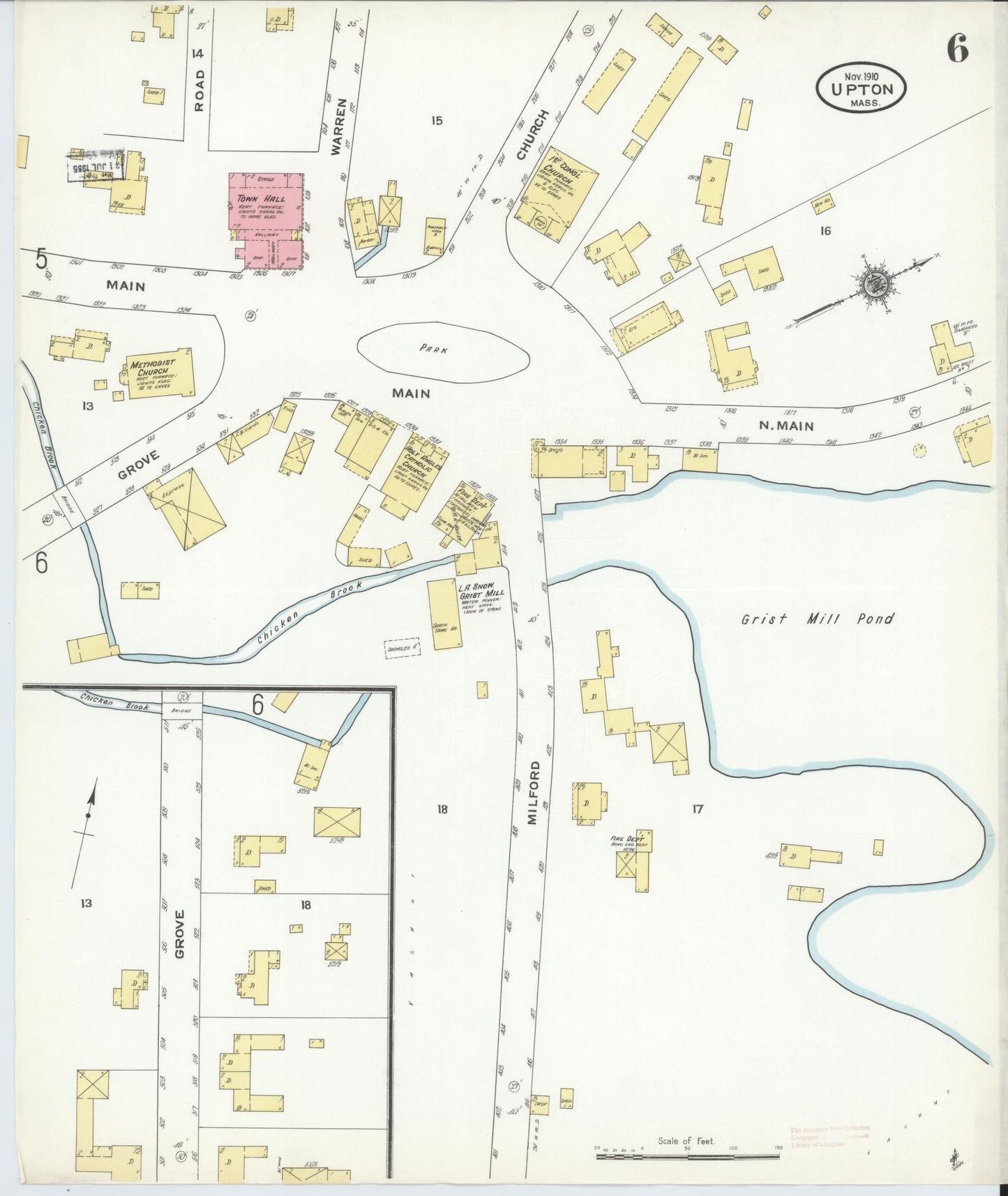 Sanborn Fire Insurance Map from Upton, Worcester County, Massachusetts (1910), Sheet #0006 - Complete Map Set gallery image, historic Sanborn map, vintage wall art, Massachusetts Massachusetts