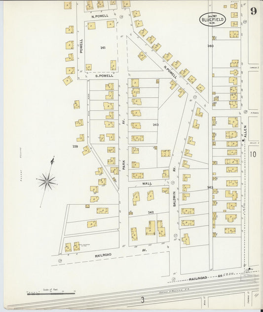 Sanborn Fire Insurance Map from Bluefield, Mercer County, West Virginia (1907), Sheet #0009 - Historic Sanborn Fire Insurance Map Print, vintage old map wall art, antique decor, genealogy gift, West Virginia West Virginia map