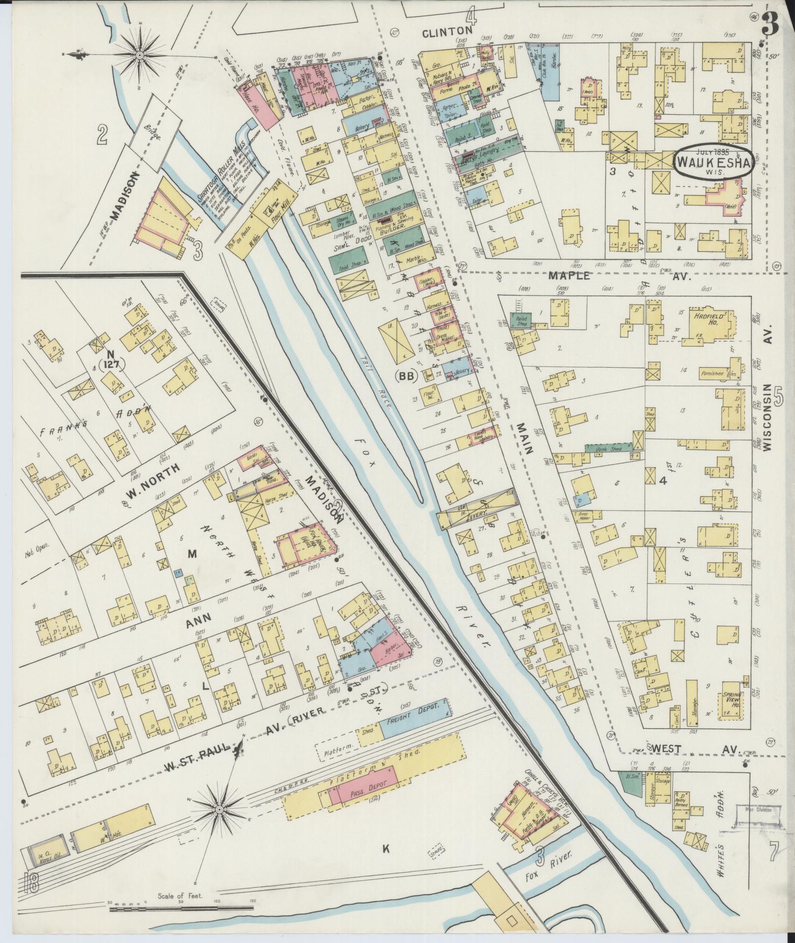 Sanborn Fire Insurance Map from Waukesha, Waukesha County, Wisconsin (1895), Sheet #0003 - Historic Sanborn Fire Insurance Map Print, vintage old map wall art, antique decor, genealogy gift, Wisconsin Wisconsin map