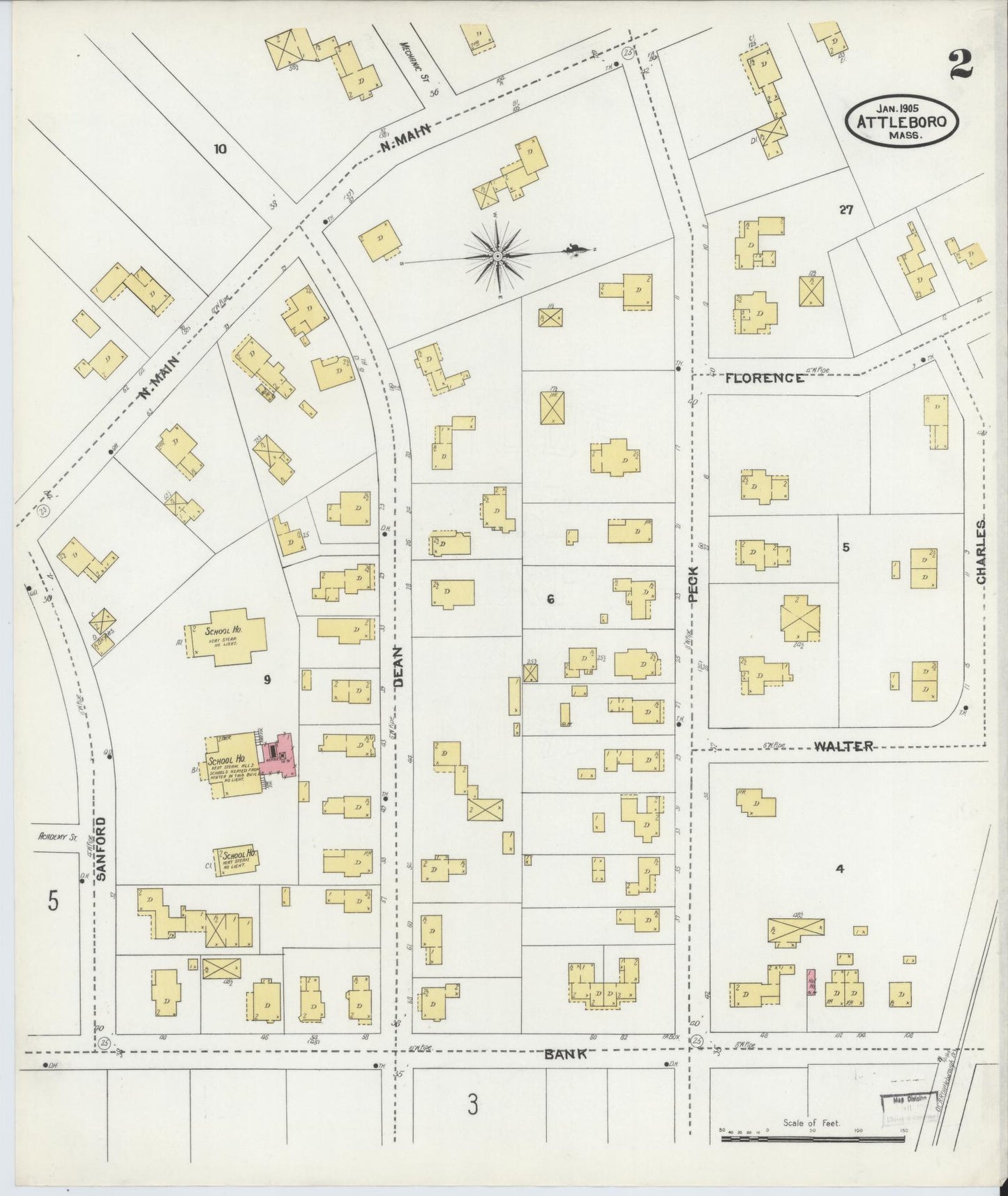 Sanborn Fire Insurance Map from Attleboro, Bristol County, Massachusetts (1905), Sheet #0002 - Complete Map Set gallery image, historic Sanborn map, vintage wall art, Massachusetts Massachusetts