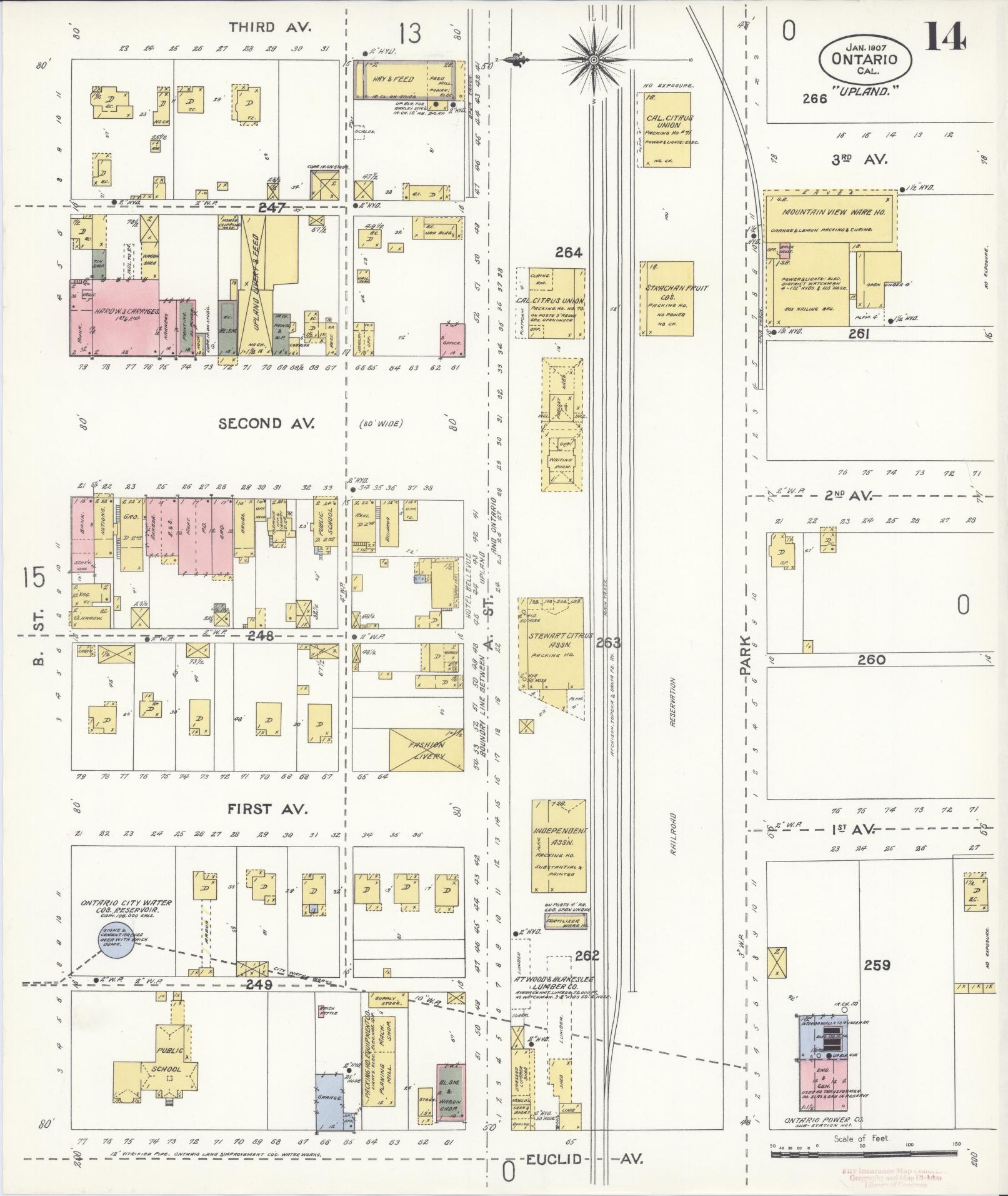 Sanborn Fire Insurance Map from Ontario, San Bernardino County, California (1907), Sheet #0014 - Complete Map Set gallery image, historic Sanborn map, vintage wall art, California California