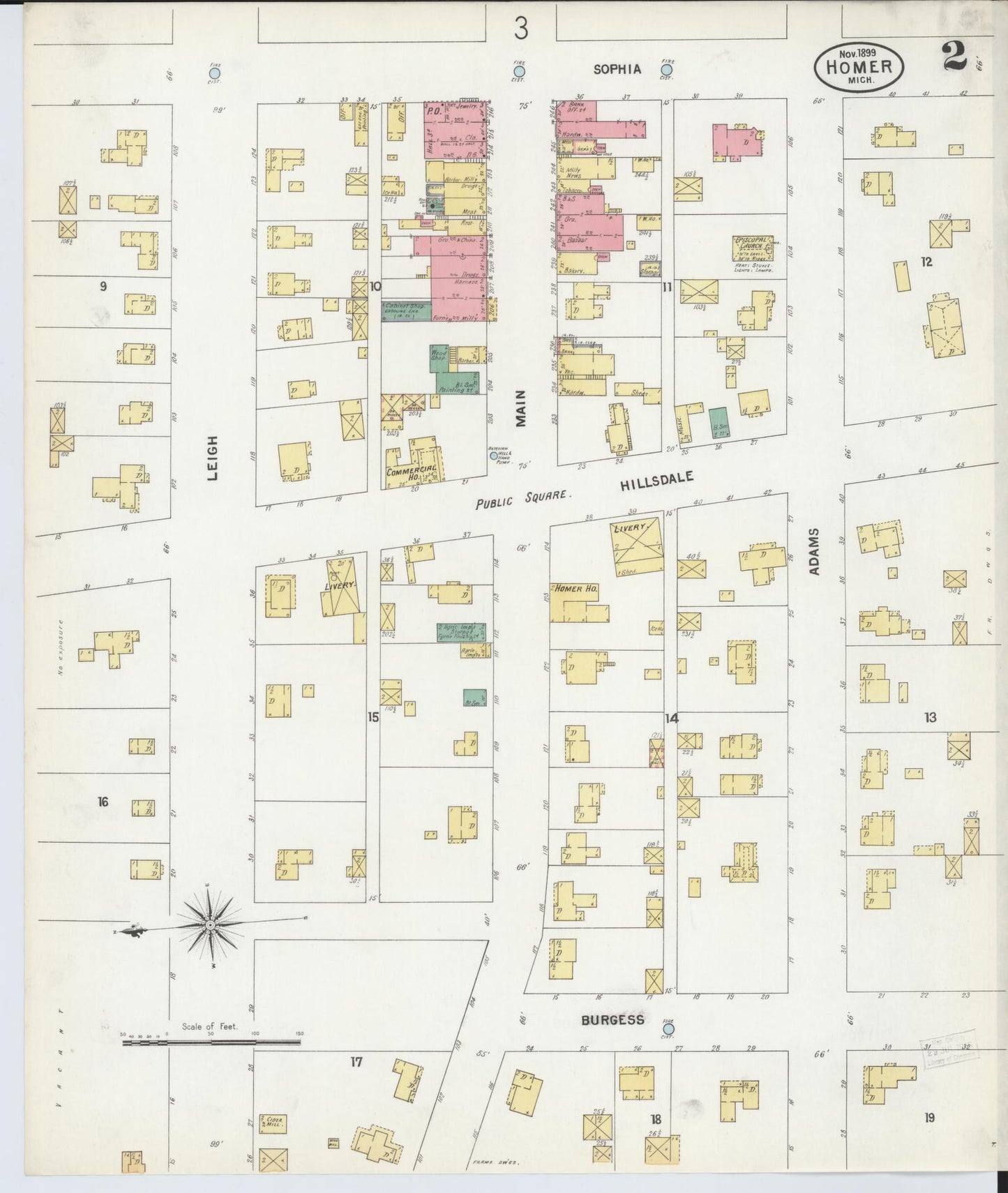 Sanborn Fire Insurance Map from Homer, Calhoun County, Michigan (1899), Sheet #0002 - Historic Sanborn Fire Insurance Map Print, vintage old map wall art, antique decor, genealogy gift, Michigan Michigan map
