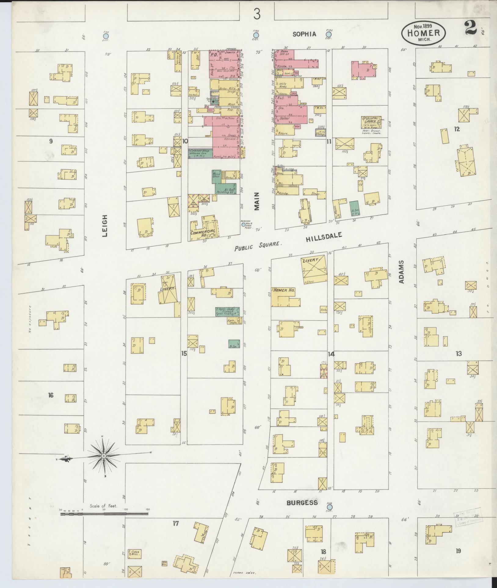 Sanborn Fire Insurance Map from Homer, Calhoun County, Michigan (1899), Sheet #0002 - Historic Sanborn Fire Insurance Map Print, vintage old map wall art, antique decor, genealogy gift, Michigan Michigan map