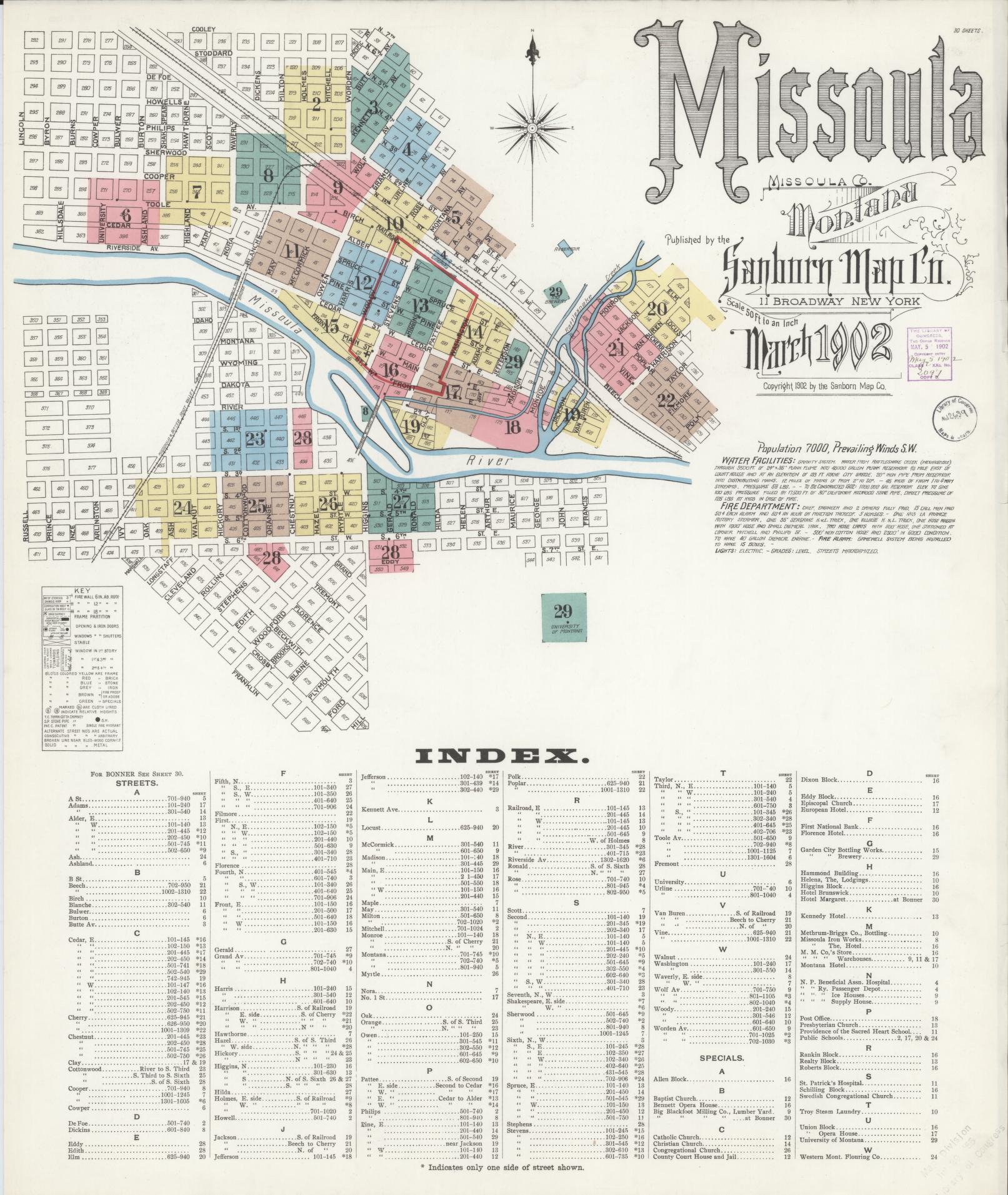 Sanborn Fire Insurance Map from Missoula, Missoula County, Montana (1902), Sheet #0001 - Historic Sanborn Fire Insurance Map Print, vintage old map wall art, antique decor, genealogy gift, Montana Montana map