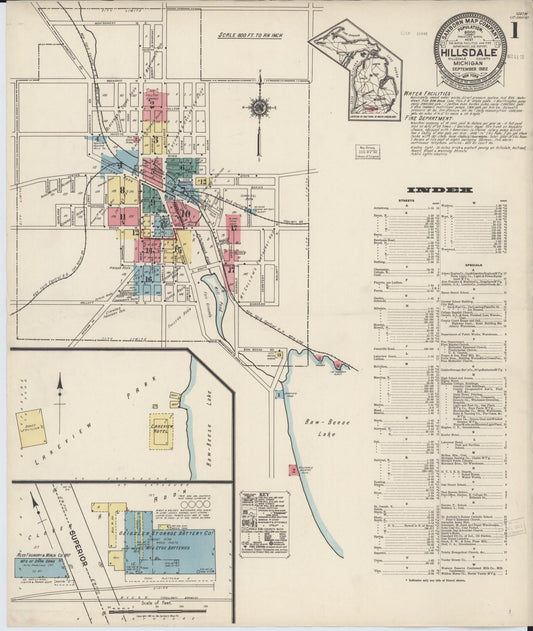 Sanborn Fire Insurance Map from Hillsdale, Hillsdale County, Michigan (1922), Sheet #0001 - Historic Sanborn Fire Insurance Map Print, vintage old map wall art, antique decor, genealogy gift, Michigan Michigan map