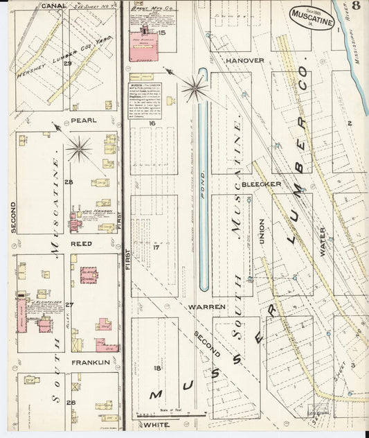 Sanborn Fire Insurance Map from Muscatine, Muscatine County, Iowa (1883), Sheet #0008 - Historic Sanborn Fire Insurance Map Print, vintage old map wall art