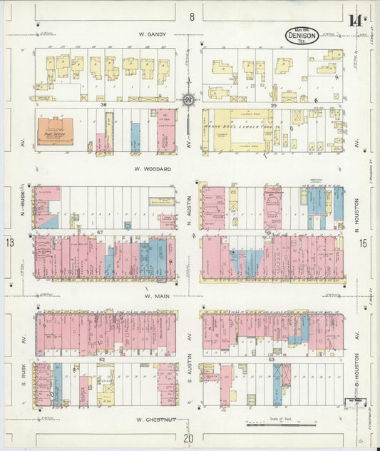 Sanborn Fire Insurance Map from Denison, Grayson County, Texas (1914), Sheet #0014 - Historic Sanborn Fire Insurance Map Print, vintage old map wall art, antique decor, genealogy gift, Texas Texas map