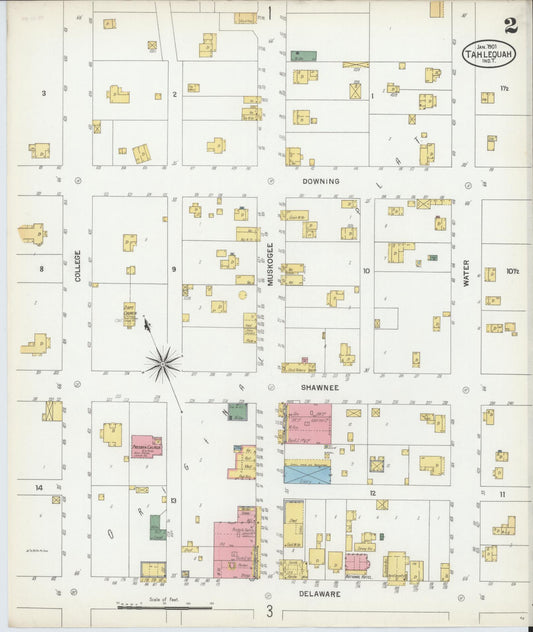 Sanborn Fire Insurance Map from Tahlequah, Cherokee County, Oklahoma (1901), Sheet #0002 - Historic Sanborn Fire Insurance Map Print, vintage old map wall art, antique decor, genealogy gift, Oklahoma Oklahoma map