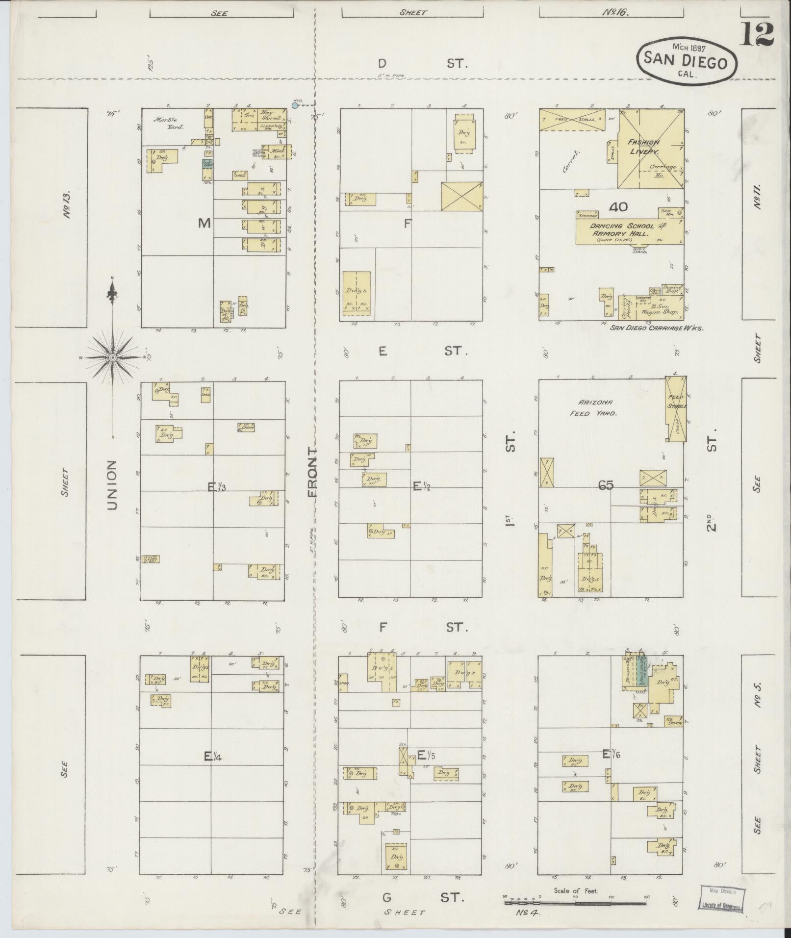 Sanborn Fire Insurance Map from San Diego, San Diego County, California (1887), Sheet #0012 - Complete Map Set gallery image, historic Sanborn map, vintage wall art, California California