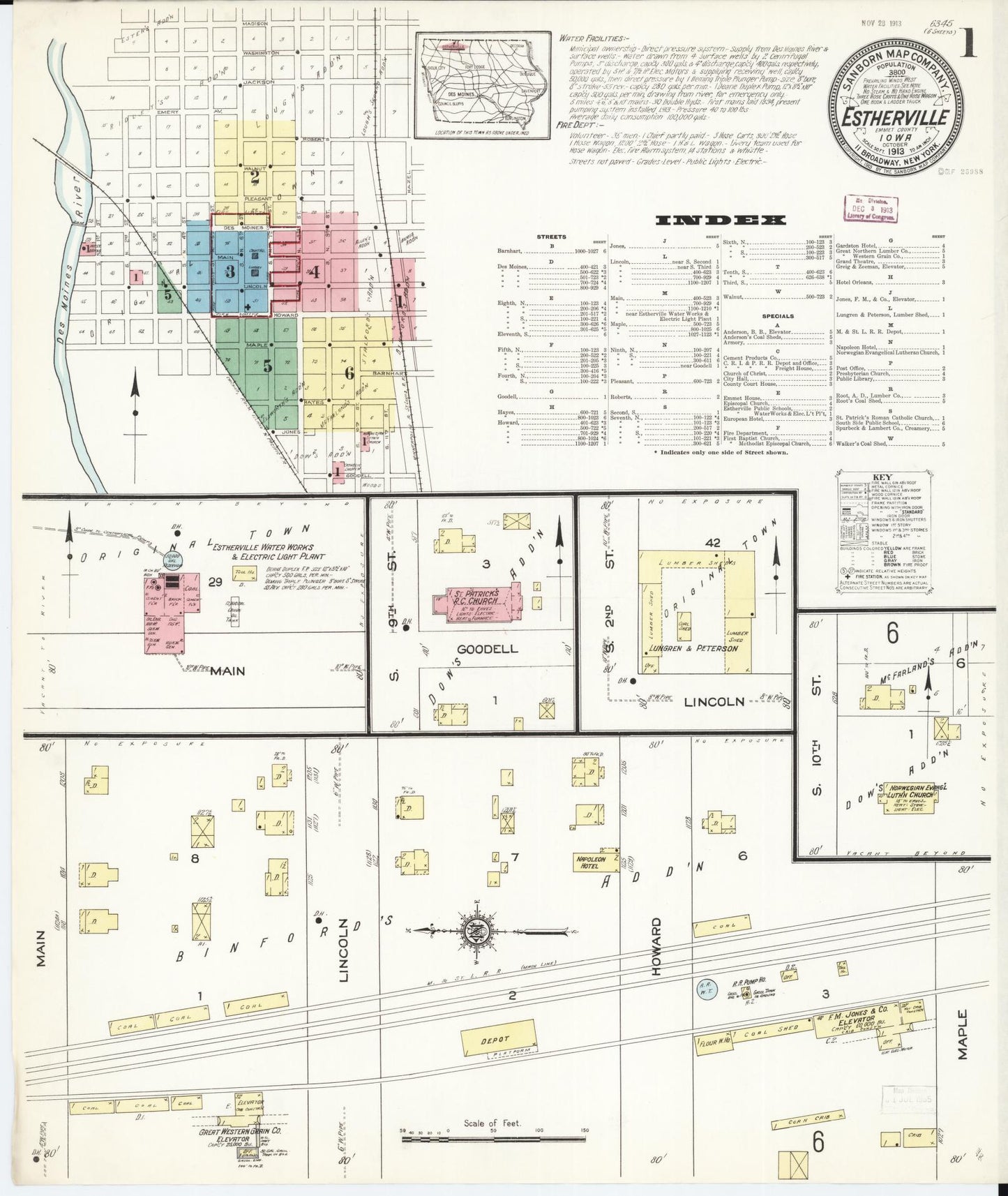 Sanborn Fire Insurance Map from Estherville, Emmet County, Iowa (1913), Sheet #0001 - Historic Sanborn Fire Insurance Map Print, vintage old map wall art