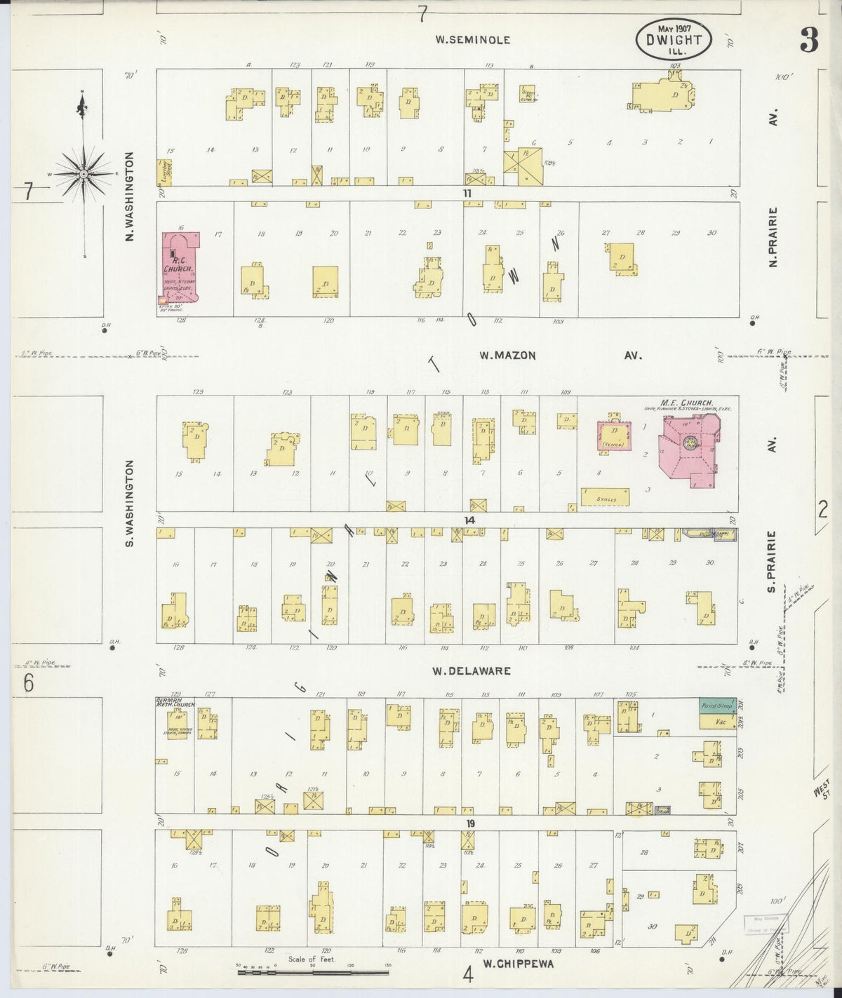 Sanborn Fire Insurance Map from Dwight, Livingston County, Illinois (1907), Sheet #0003 - Complete Map Set gallery image, historic Sanborn map, vintage wall art, Illinois Illinois