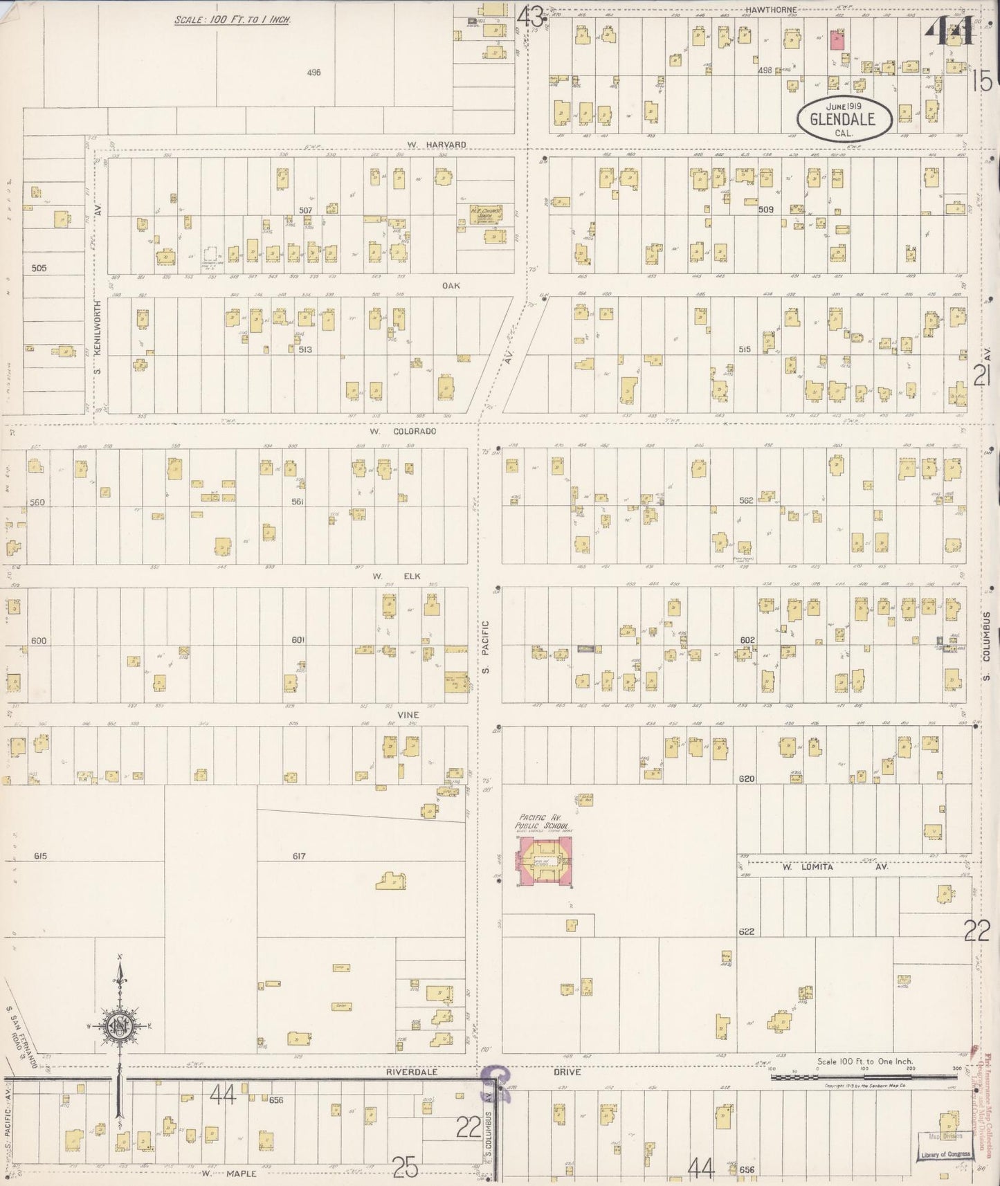 Sanborn Fire Insurance Map from Glendale, Los Angeles County, California (1919), Sheet #0044 - Historic Sanborn Fire Insurance Map Print, vintage old map wall art, antique decor, genealogy gift, California California map