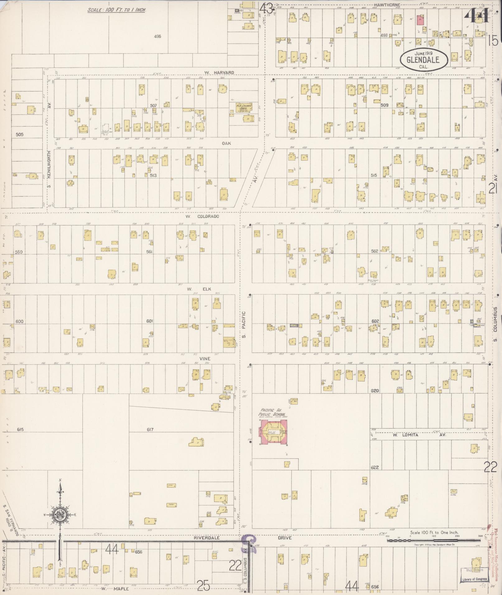 Sanborn Fire Insurance Map from Glendale, Los Angeles County, California (1919), Sheet #0044 - Historic Sanborn Fire Insurance Map Print, vintage old map wall art, antique decor, genealogy gift, California California map