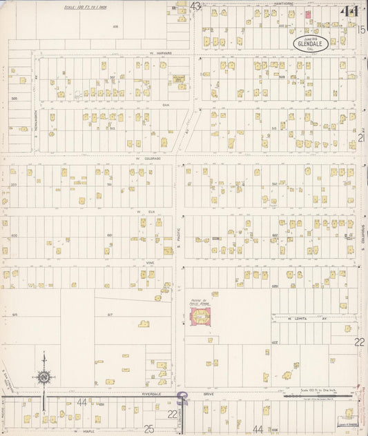 Sanborn Fire Insurance Map from Glendale, Los Angeles County, California (1919), Sheet #0044 - Historic Sanborn Fire Insurance Map Print, vintage old map wall art, antique decor, genealogy gift, California California map