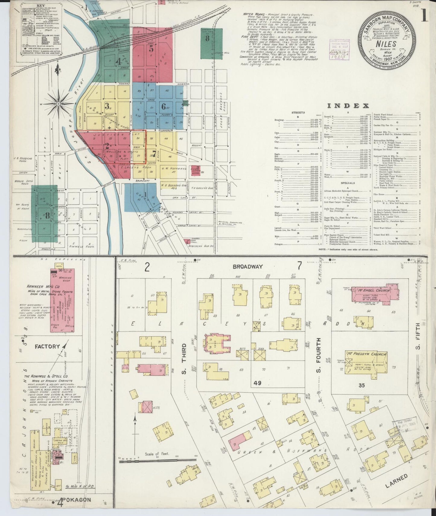 Sanborn Fire Insurance Map from Niles, Berrien County, Michigan (1907), Sheet #0001 - Historic Sanborn Fire Insurance Map Print, vintage old map wall art, antique decor, genealogy gift, Michigan Michigan map