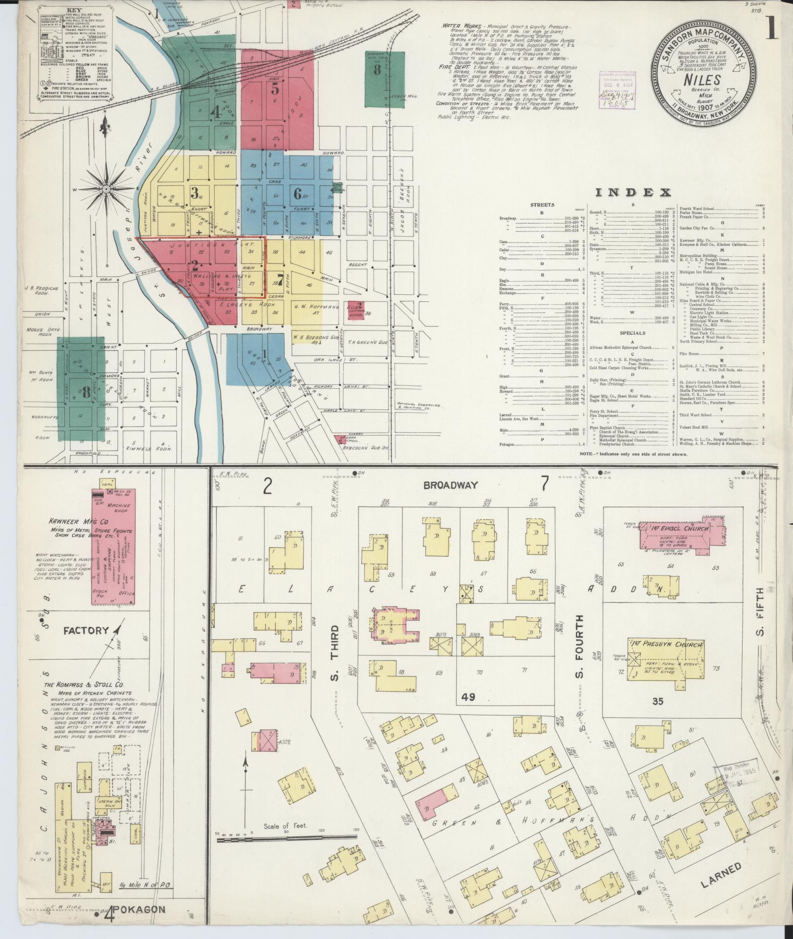 Sanborn Fire Insurance Map from Niles, Berrien County, Michigan (1907), Sheet #0001 - Historic Sanborn Fire Insurance Map Print, vintage old map wall art, antique decor, genealogy gift, Michigan Michigan map