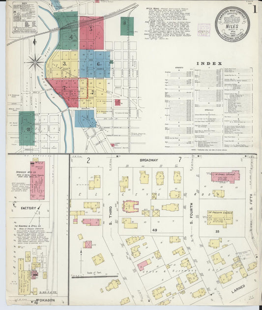 Sanborn Fire Insurance Map from Niles, Berrien County, Michigan (1907), Sheet #0001 - Historic Sanborn Fire Insurance Map Print, vintage old map wall art, antique decor, genealogy gift, Michigan Michigan map