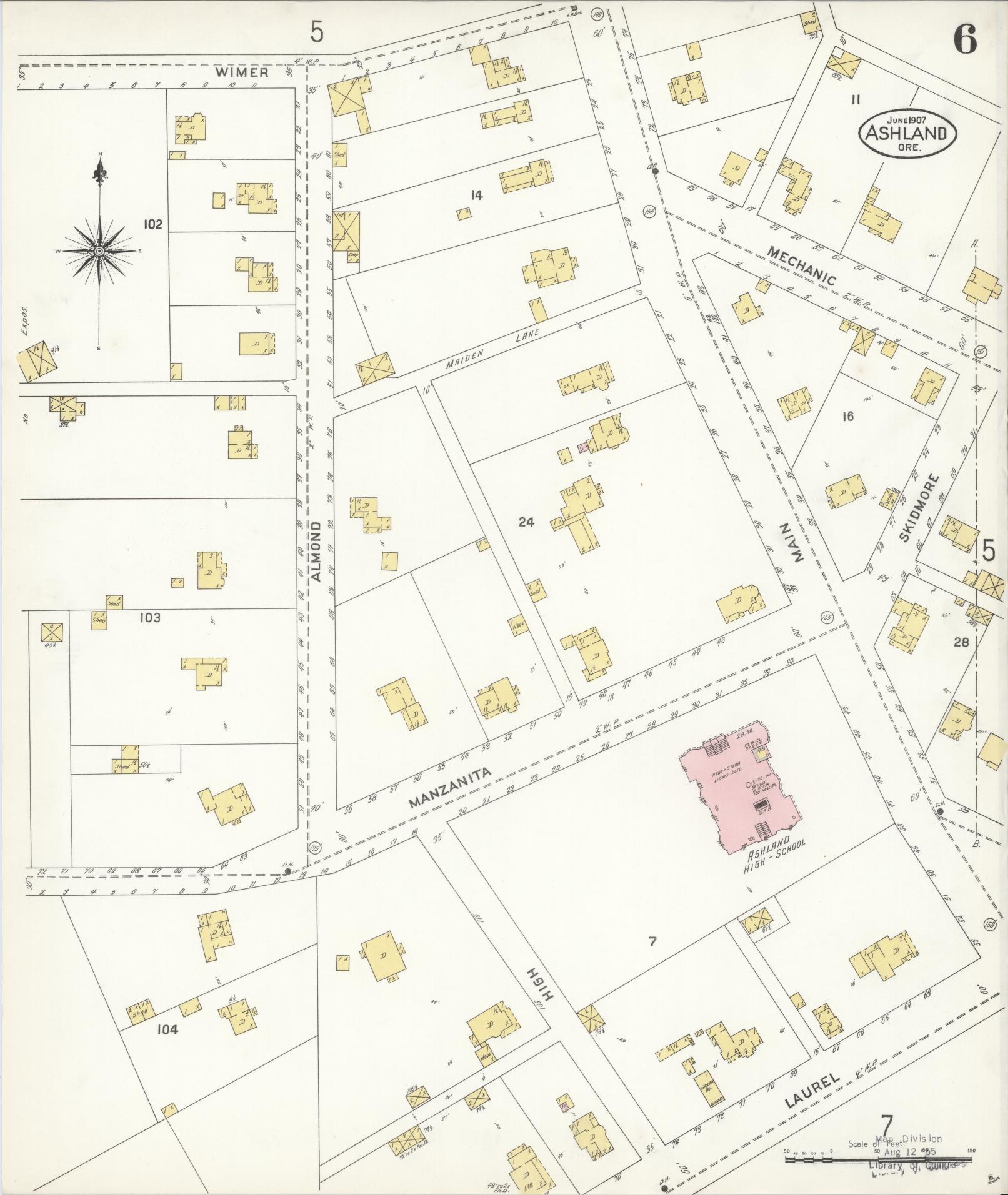 Sanborn Fire Insurance Map from Ashland, Jackson County, Oregon (1907), Sheet #0006 - Historic Sanborn Fire Insurance Map Print, vintage old map wall art, antique decor, genealogy gift, Oregon Oregon map