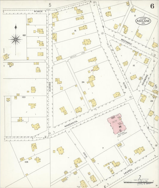 Sanborn Fire Insurance Map from Ashland, Jackson County, Oregon (1907), Sheet #0006 - Historic Sanborn Fire Insurance Map Print, vintage old map wall art, antique decor, genealogy gift, Oregon Oregon map