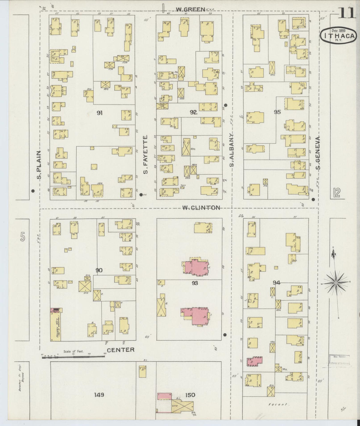 Sanborn Fire Insurance Map from Ithaca, Tompkins County, New York (1893), Sheet #0011 - Historic Sanborn Fire Insurance Map Print, vintage old map wall art, antique decor, genealogy gift, New York New York map
