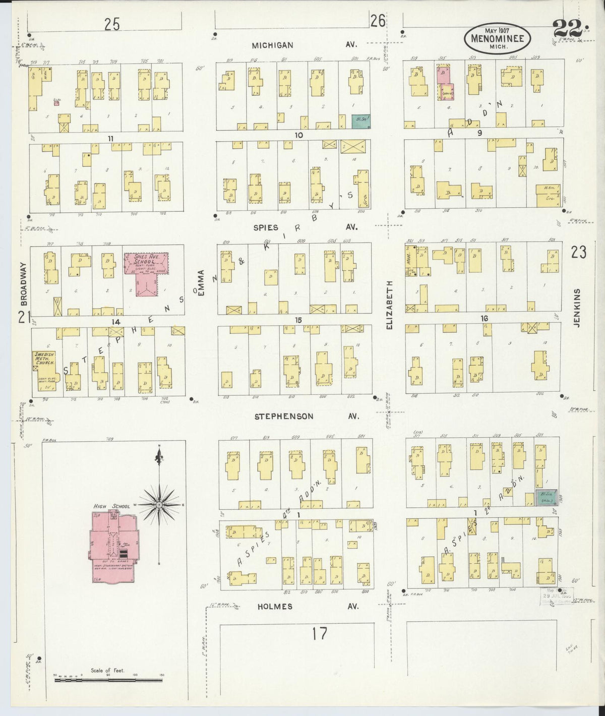 Sanborn Fire Insurance Map from Menominee, Menominee County, Michigan (1907), Sheet #0022 - Historic Sanborn Fire Insurance Map Print, vintage old map wall art, antique decor, genealogy gift, Michigan Michigan map