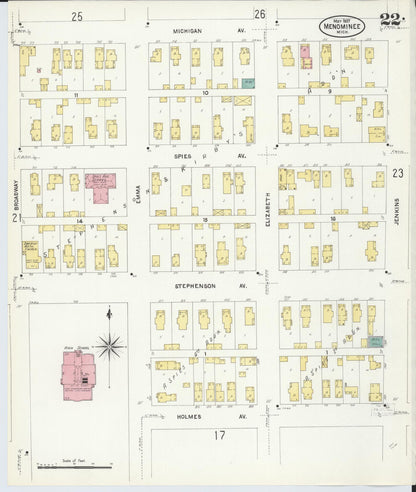 Sanborn Fire Insurance Map from Menominee, Menominee County, Michigan (1907), Sheet #0022 - Historic Sanborn Fire Insurance Map Print, vintage old map wall art, antique decor, genealogy gift, Michigan Michigan map