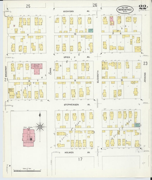 Sanborn Fire Insurance Map from Menominee, Menominee County, Michigan (1907), Sheet #0022 - Historic Sanborn Fire Insurance Map Print, vintage old map wall art, antique decor, genealogy gift, Michigan Michigan map