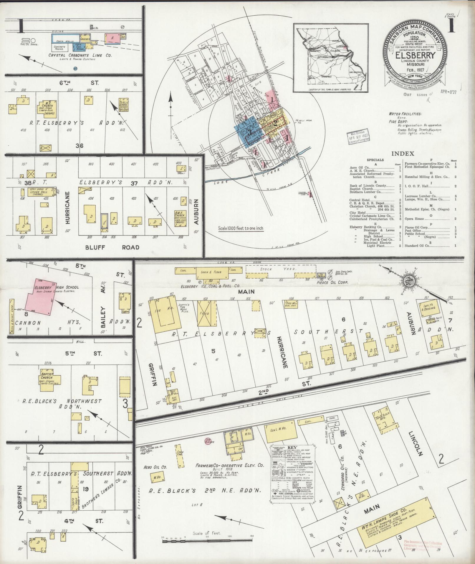 Sanborn Fire Insurance Map from Elsberry, Lincoln County, Missouri (1927), Sheet #0001 - Historic Sanborn Fire Insurance Map Print, vintage old map wall art, antique decor, genealogy gift, Missouri Missouri map