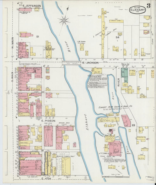 Sanborn Fire Insurance Map from Elkhart, Elkhart County, Indiana (1892), Sheet #0003 - Historic Sanborn Fire Insurance Map Print, vintage old map wall art, antique decor, genealogy gift, Indiana Indiana map