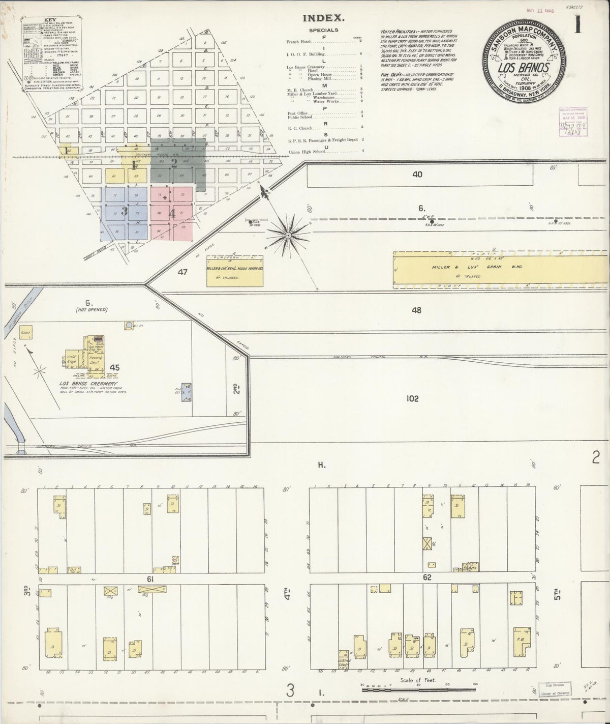 Sanborn Fire Insurance Map from Los Banos, Merced County, California (1908), Sheet #0001 - Complete Map Set gallery image, historic Sanborn map, vintage wall art, California California