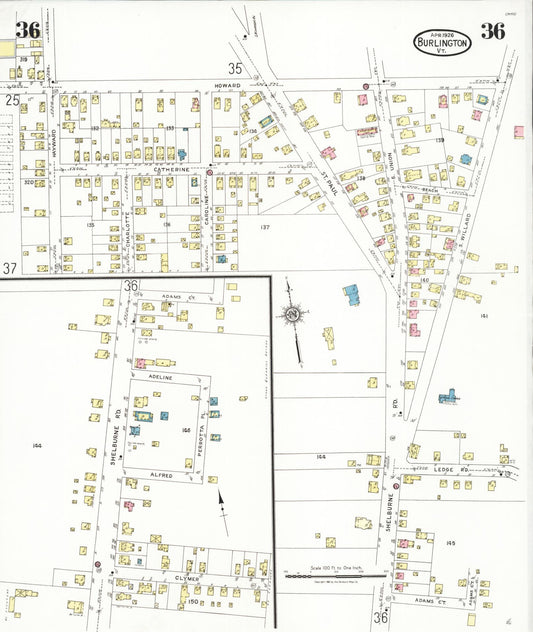 Sanborn Fire Insurance Map from Burlington, Chittenden County, Vermont (1926), Sheet #0036 - Historic Sanborn Fire Insurance Map Print, vintage old map wall art, antique decor, genealogy gift, Vermont Vermont map