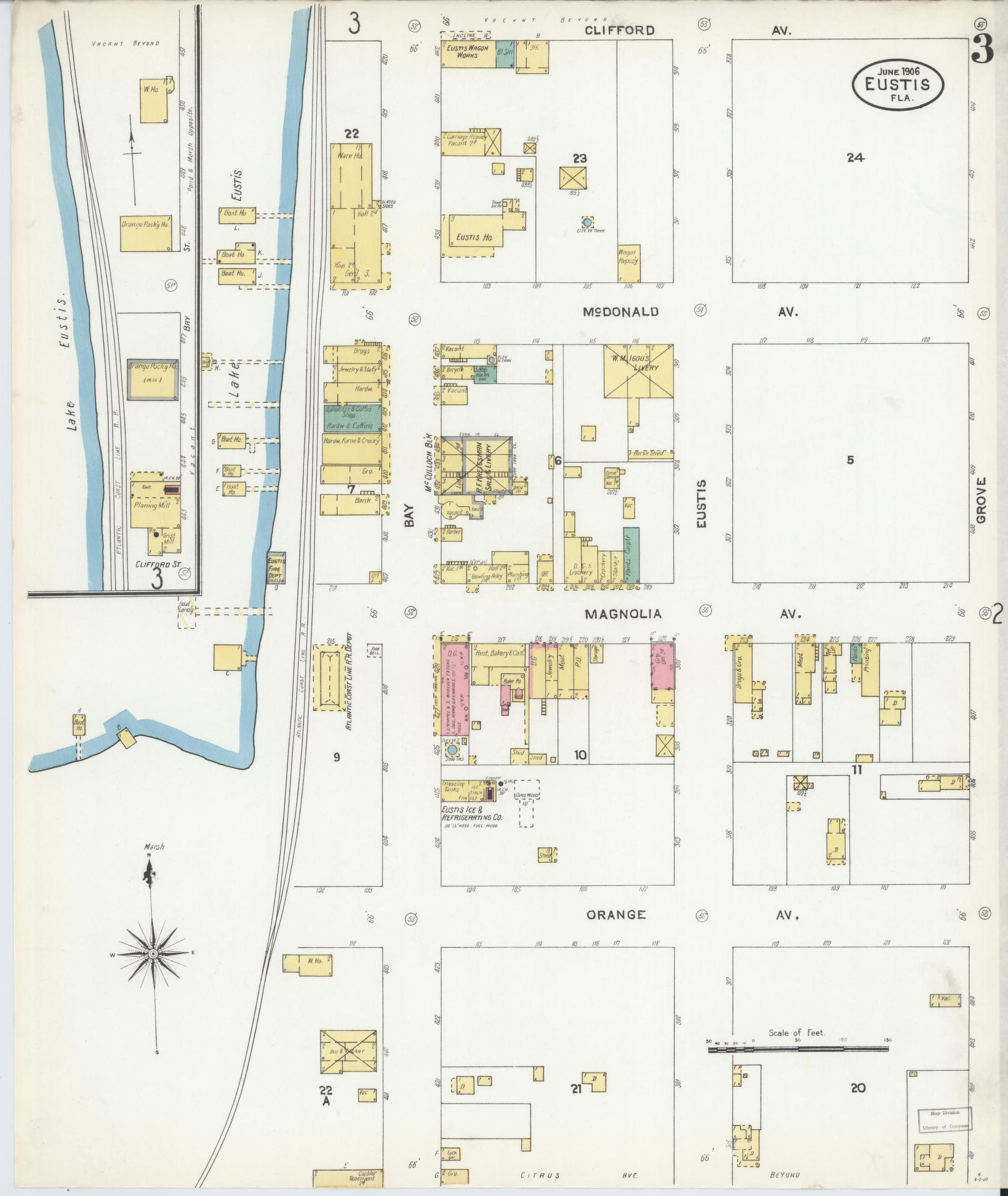 Sanborn Fire Insurance Map from Eustis, Lake County, Florida (1906), Sheet #0003 - Complete Map Set gallery image, historic Sanborn map, vintage wall art, Florida Florida