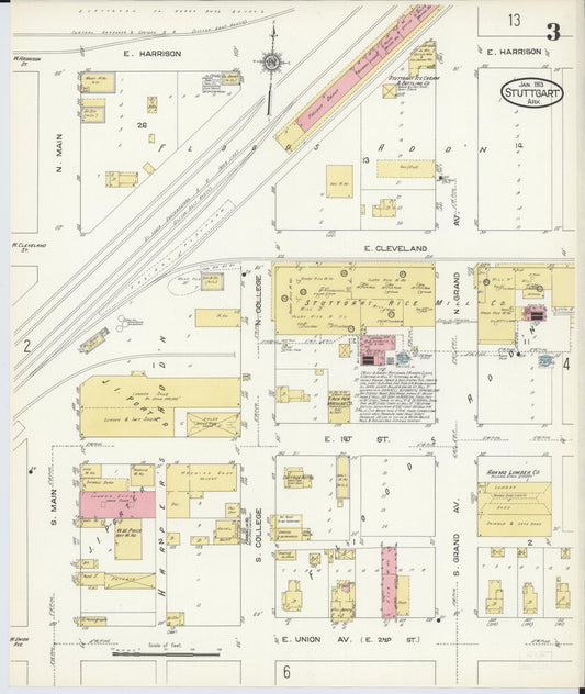 Sanborn Fire Insurance Map from Stuttgart, Arkansas County, Arkansas (1913), Sheet #0003 - Historic Sanborn Fire Insurance Map Print, vintage old map wall art, antique decor, genealogy gift, Stuttgart Arkansas map