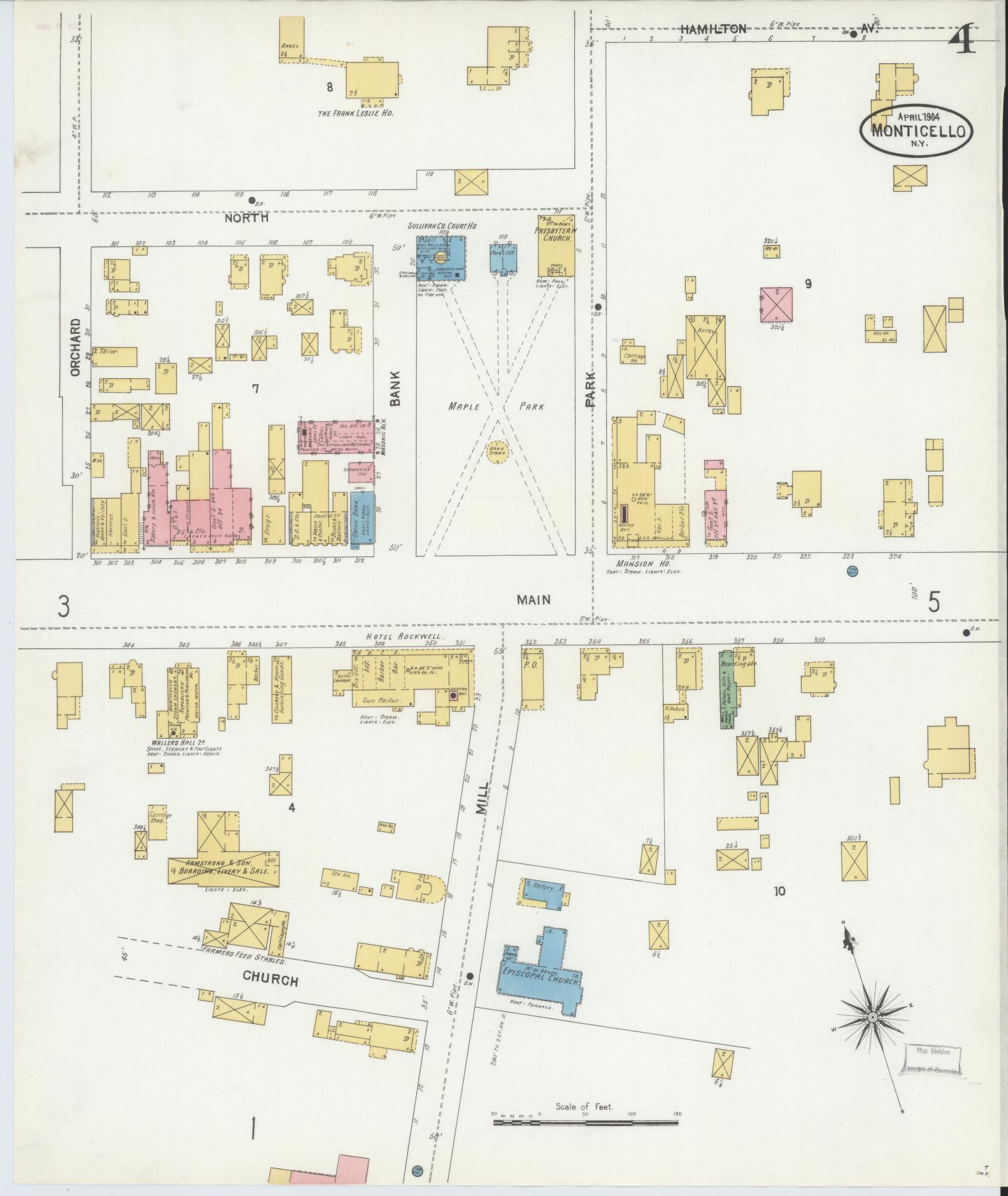 Sanborn Fire Insurance Map from Monticello, Sullivan County, New York (1904), Sheet #0004 - Historic Sanborn Fire Insurance Map Print, vintage old map wall art, antique decor, genealogy gift, New York New York map