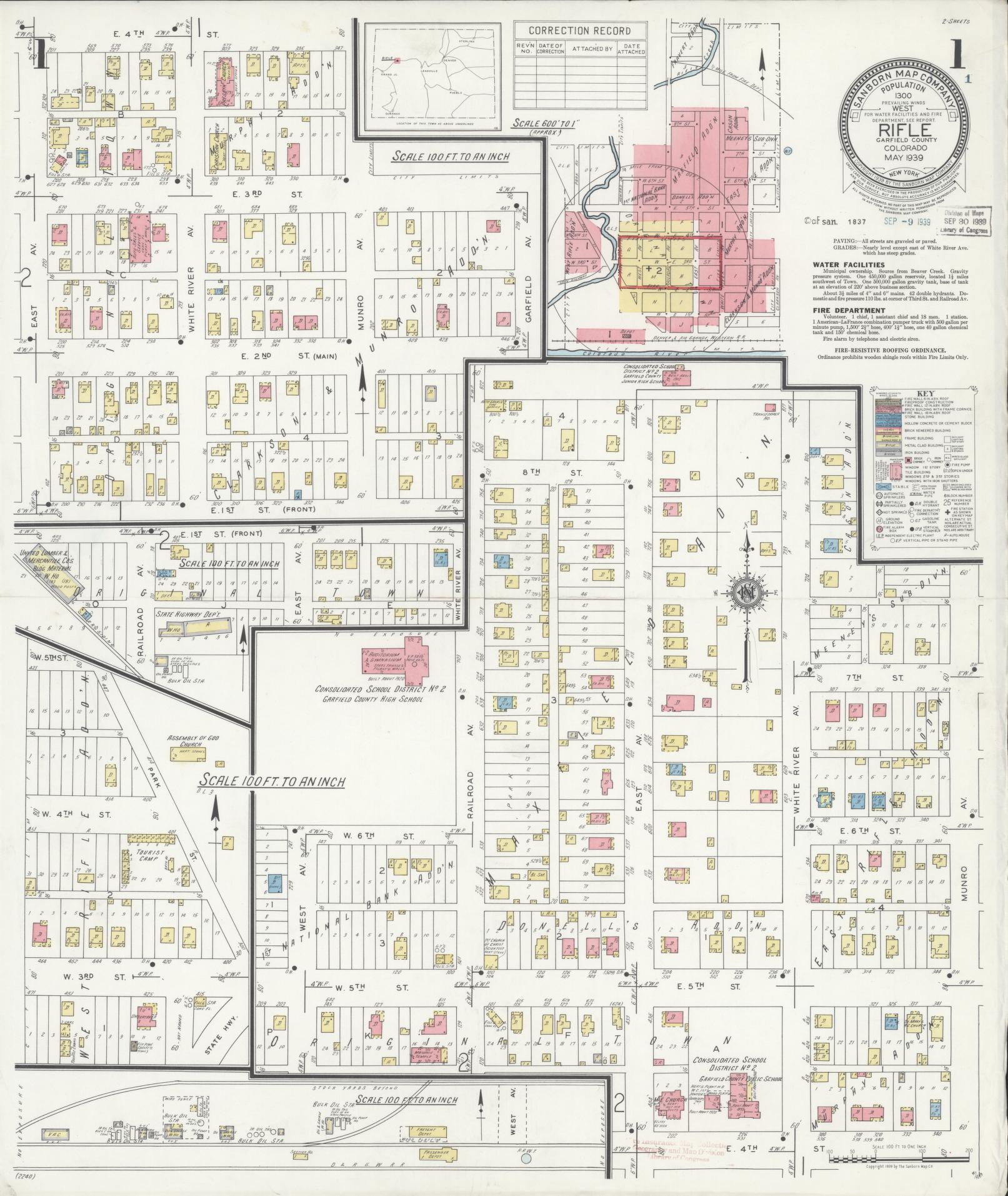 Sanborn Fire Insurance Map from Rifle, Garfield County, Colorado (1939), Sheet #0001 - Historic Sanborn Fire Insurance Map Print, vintage old map wall art, antique decor, genealogy gift, Colorado Colorado map
