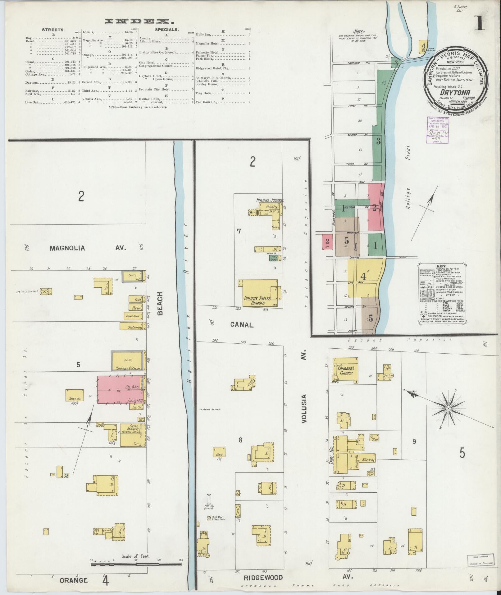 Sanborn Fire Insurance Map from Daytona, Volusia County, Florida (1901), Sheet #0001 - Complete Map Set gallery image, historic Sanborn map, vintage wall art, Florida Florida