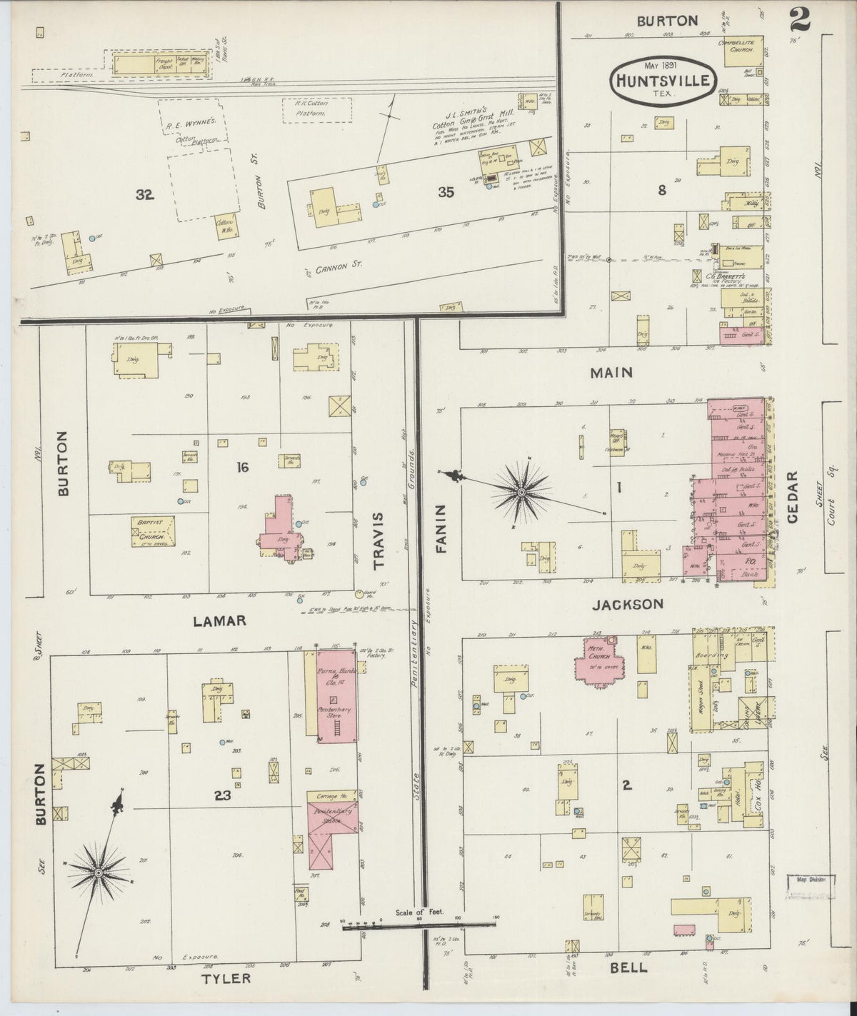Sanborn Fire Insurance Map from Huntsville, Walker County, Texas (1891), Sheet #0002 - Historic Sanborn Fire Insurance Map Print, vintage old map wall art, antique decor, genealogy gift, Texas Texas map