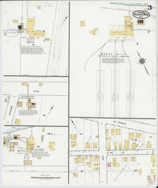 Sanborn Fire Insurance Map from Marked Tree, Poinsett County, Arkansas (1919), Sheet #0003 - Historic Sanborn Fire Insurance Map Print, vintage old map wall art, antique decor, genealogy gift, Arkansas Arkansas map