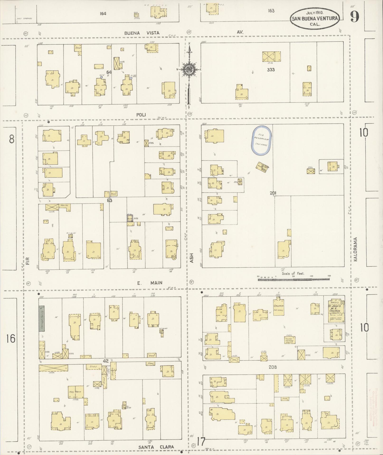 Sanborn Fire Insurance Map from San Buenaventura, Ventura County, California (1910), Sheet #0009 - Complete Map Set gallery image, historic Sanborn map, vintage wall art, California California