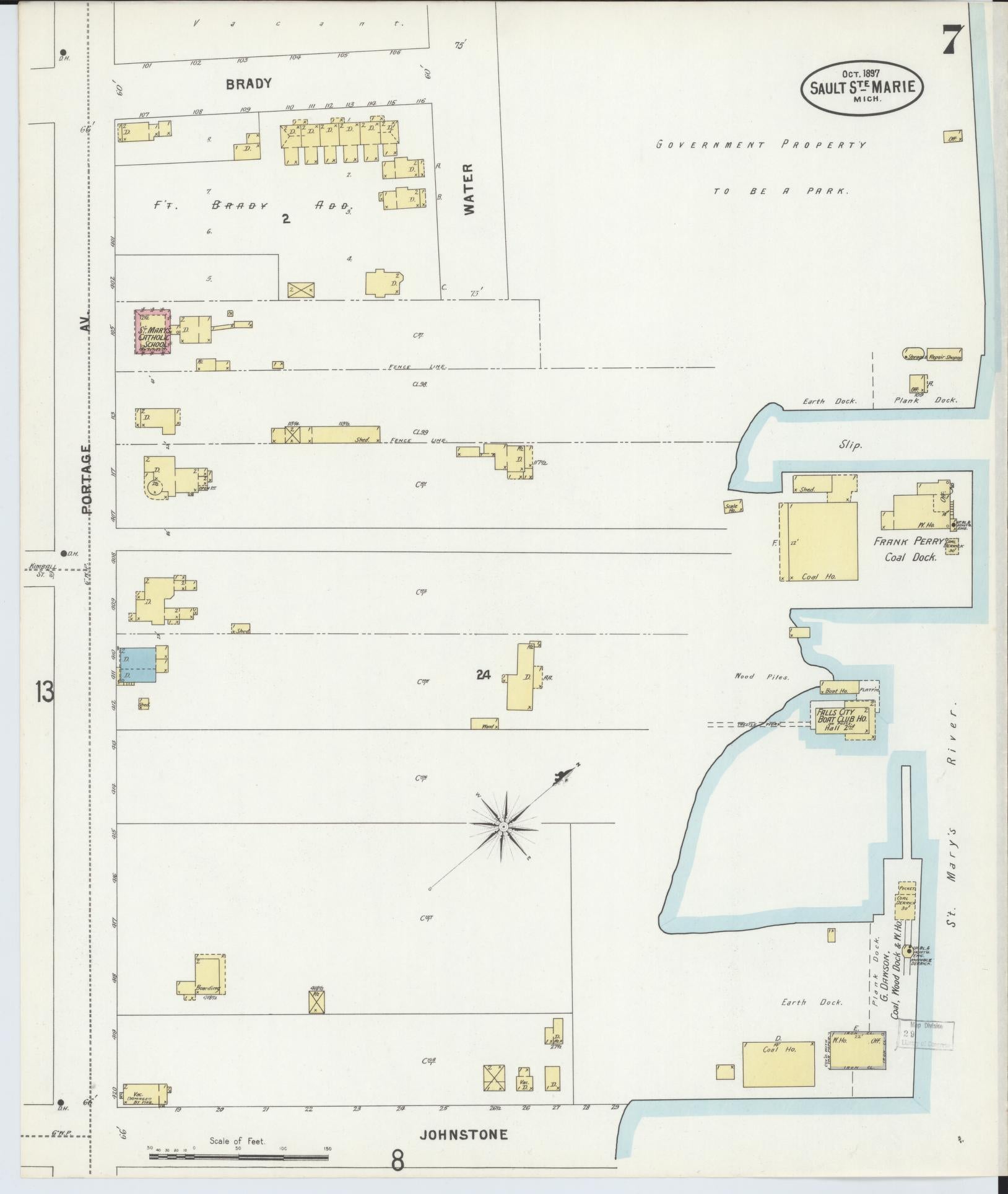 Sanborn Fire Insurance Map from Sault Sainte Marie, Chippewa County, Michigan (1897), Sheet #0007 - Complete Map Set gallery image, historic Sanborn map, vintage wall art, Michigan Michigan