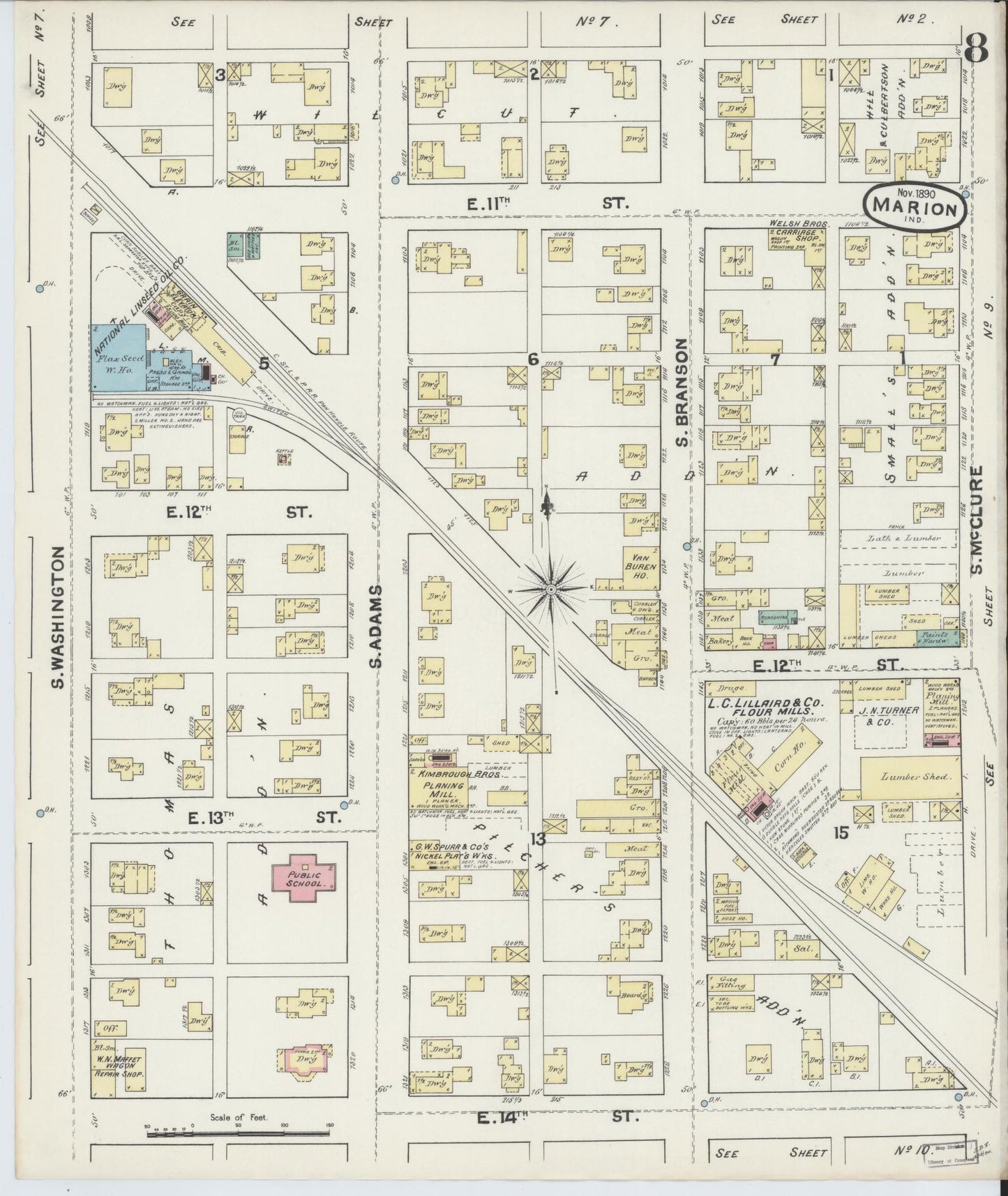 Sanborn Fire Insurance Map from Marion, Grant County, Indiana (1890), Sheet #0008 - Historic Sanborn Fire Insurance Map Print, vintage old map wall art, antique decor, genealogy gift, Indiana Indiana map