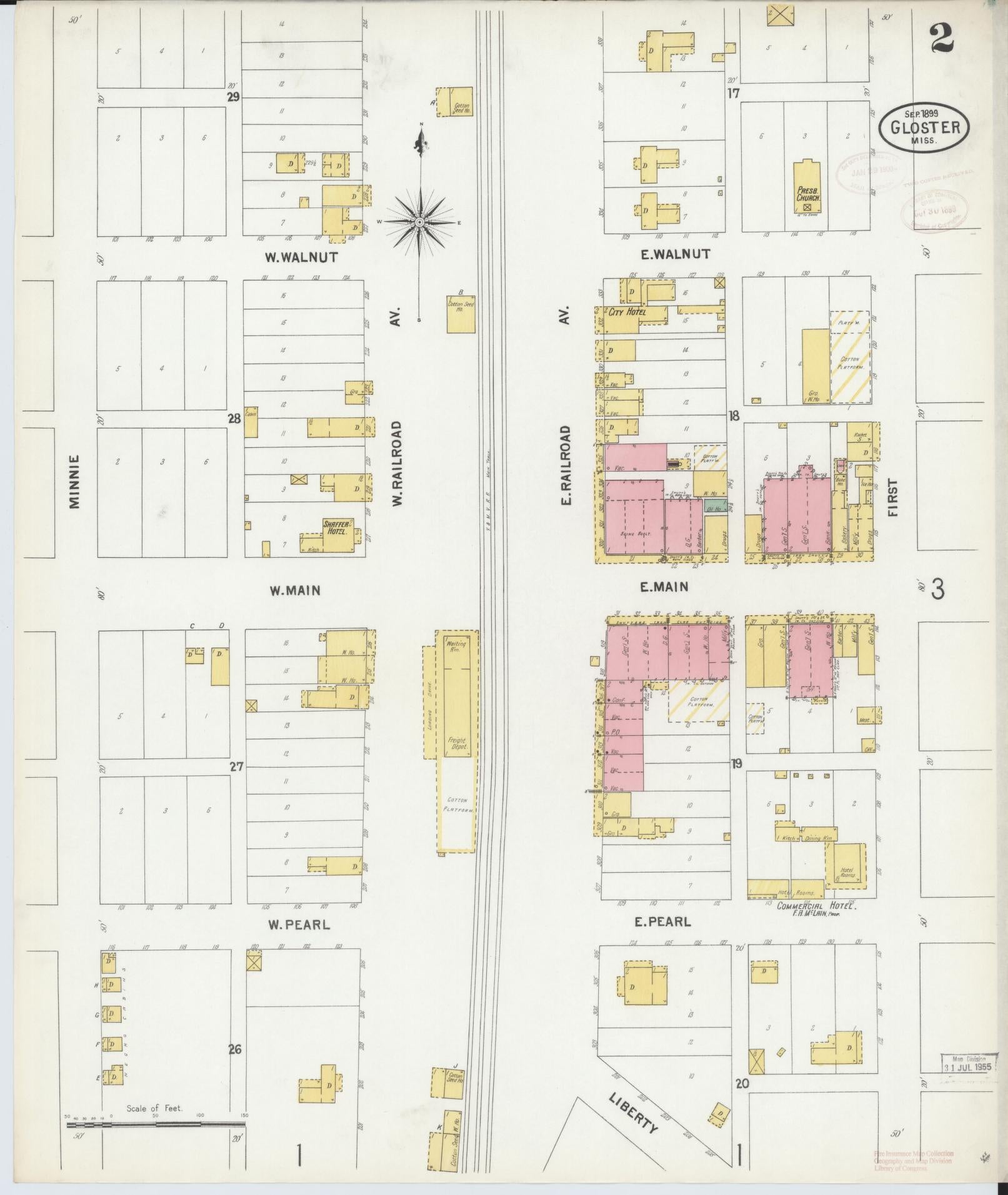 Sanborn Fire Insurance Map from Gloster, Amite County, Mississippi (1899), Sheet #0002 - Complete Map Set gallery image, historic Sanborn map, vintage wall art, Mississippi Mississippi