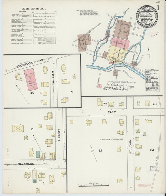 Sanborn Fire Insurance Map from Walton, Delaware County, New York (1891), Sheet #0001 - Historic Sanborn Fire Insurance Map Print, vintage old map wall art, antique decor, genealogy gift, New York New York map