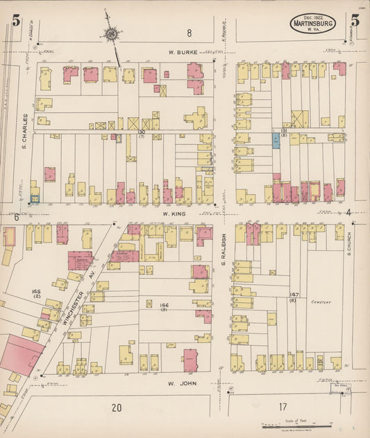 Sanborn Fire Insurance Map from Martinsburg, Berkeley County, West Virginia (1922), Sheet #0005 - Historic Sanborn Fire Insurance Map Print, vintage old map wall art, antique decor, genealogy gift, West Virginia West Virginia map
