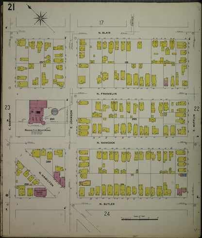Sanborn Fire Insurance Map from Madison, Dane County, Wisconsin (1908), Sheet #0021 - Complete Map Set gallery image, historic Sanborn map, vintage wall art, Wisconsin Wisconsin